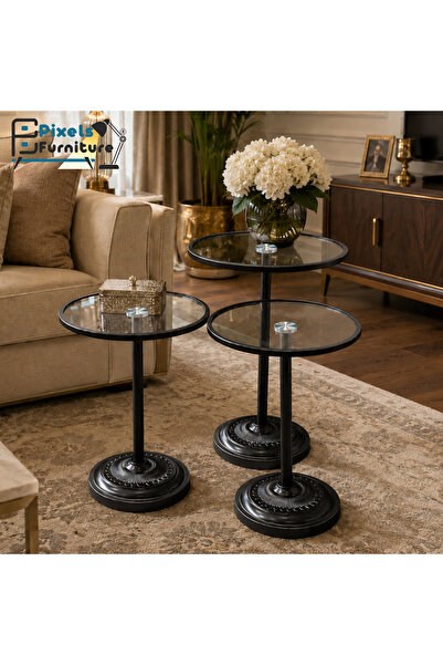 PixelsFurniture طقم طاولات تقديم من بكسل الأثاث، مكون من 3 قطع بسطح زجاجي مقا...