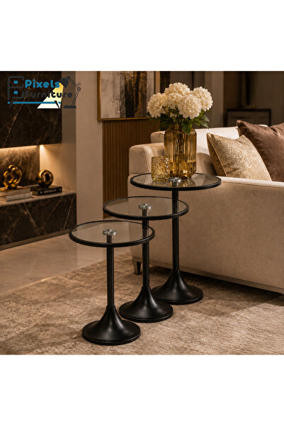 PixelsFurniture طقم طاولات تقديم من بكسل الأثاث، مكون من 3 قطع بسطح زجاجي مقا...