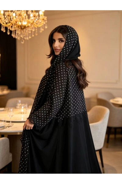 Classy She Polka Dot Lace Trim Abaya Set (With Matching Headscarf)