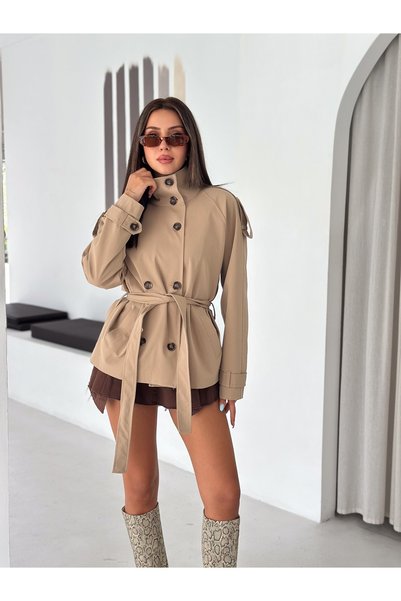 Bella Breeze Women's Belt Detailed Stand Collar Buttoned Pocket Stylish Seasonal Trench Coat