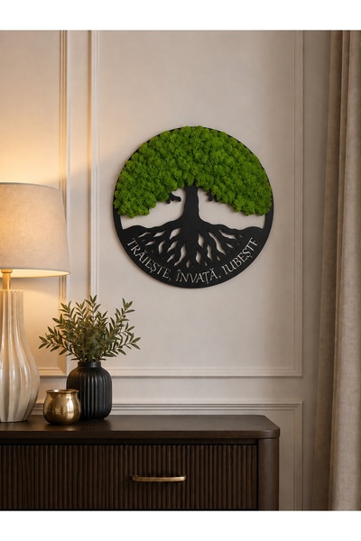 Alex Laser Design Copacul Vieții din Lemn 35 cm – Decor Negru cu Licheni Verz...
