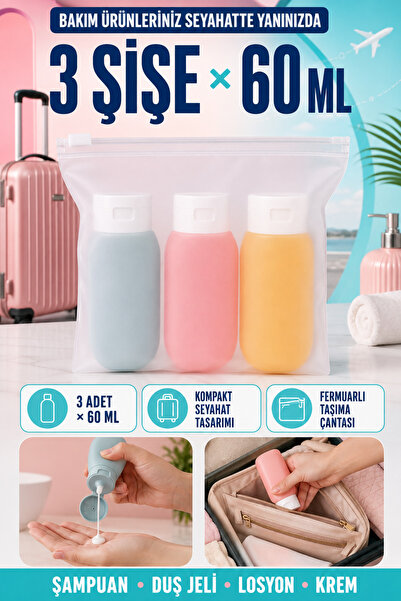 Hane Dostu 3’lü 60 ml Doldurulabilir Seyahat Şişesi Seti Çantalı Kozmetik Bak...