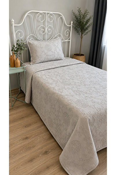Decamor home Embroidery Detailed Gray Bedspread Pique Set for Single Bed