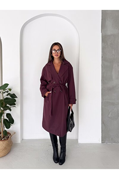 Bella Breeze معطف طويل نسائي بحزام وأزرار مزدوجة