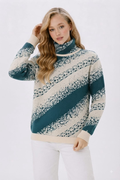 H&E LUXURY DESIGN Women's Patterned Knitwear Sweater Turtleneck Petrol Ecru L...