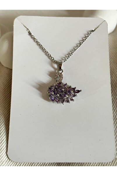 bijoux uniques Mor Kuğu zirkon taşlı kadın çelik kolye