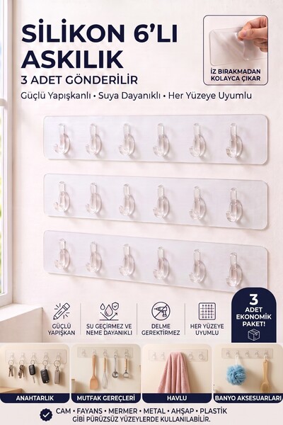 Brellint 3 Adet Kendinden Yapışkanlı Güçlü 6'lı Şeffaf Askılık - Kapı Arkası ...