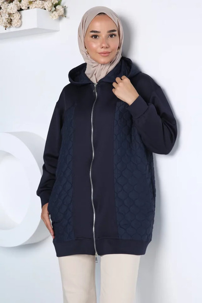TOZLU Stylish Patterned Hijab Sweat Jacket with Hood