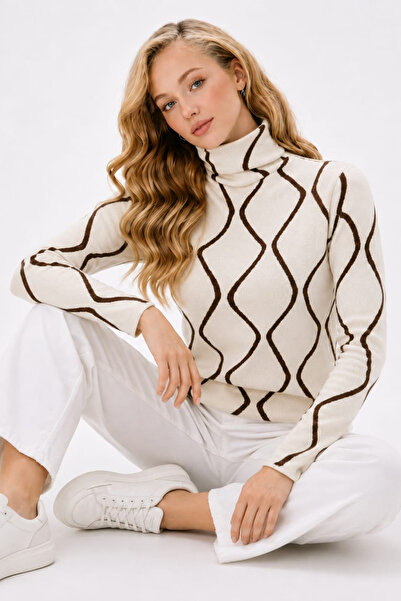 EMR Online Women's Turtleneck Patterned Knitwear Sweater Ecru Brown Geometric...