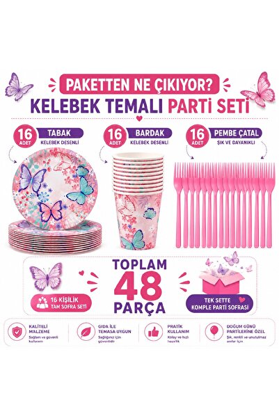 Bkmc Kelebek Temalı Doğum Günü Parti Seti | 8 ve 16 Kişilik | Tabak Bardak Ça...