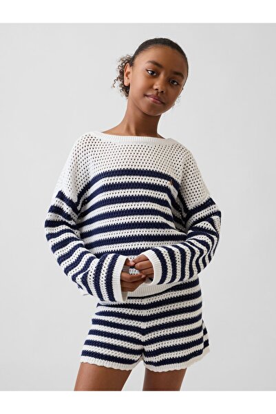 GAP Kız Çocuk Lacivert Kroşe Oversized Çizgili Kazak