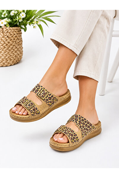 MULEX Women's Comfortable Thick-Soled Stitched Buckle Leopard Detail Slippers