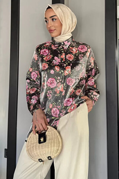 TOZLU Single Pocket Floral Patterned Hijab Women's Shirt