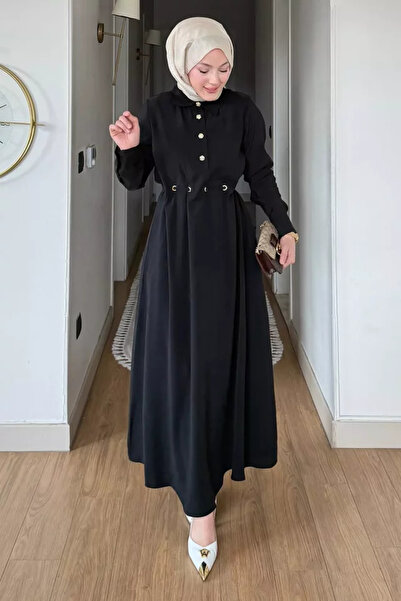 TOZLU Polo Collar Gold Buttoned Eyelet Detailed Hijab Dress