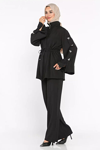 TOZLU Waist Tie Detailed Front Zipper Tunic Pants Hijab Double Set