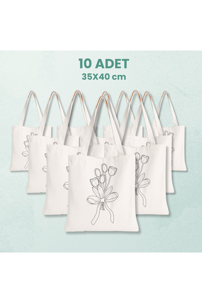 Cemira 10 Adet Lale Tasarımlı Boyanabilir Bez Çanta - Eğitici Hobi Boyama Çan...