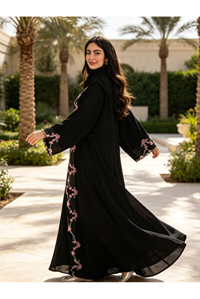 Classy She عباءة مطرزة بالزهور ومزينة بالتطريز مع فتحة أمامية (بدون حجاب)