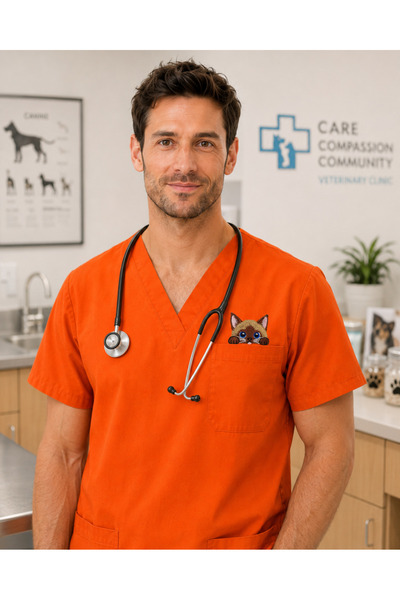 mirach Caramel Masculin Veterinar Scrubs Siamese Cat Top cu buzunar cu broderie