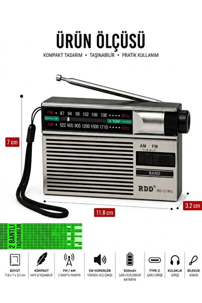Reytek RD-331RG FM AM Cep Radyosu Şarjlı Taşınabilir Radyo Type-C Şarjlı 2 Ba...