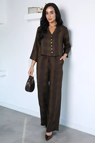 TOZLU Women's Plaid Patterned Blouse and Trousers Two-Piece Set