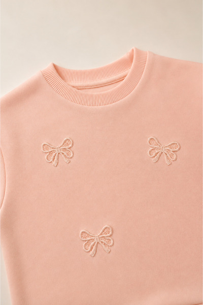 BENBİLGE Girl's 3 Thread Yarn Ribbon Bow Appliqué Sweatshirt Pink Crew Neck Long Sleeve Sweatshirt