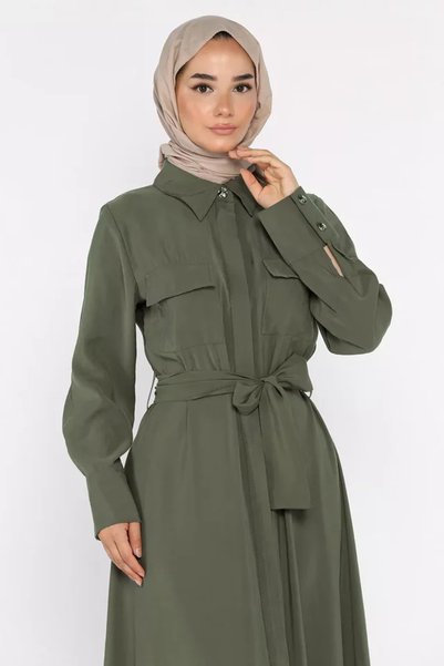 TOZLU Polo Collar Waist Belted Double Pocket Hijab Dress