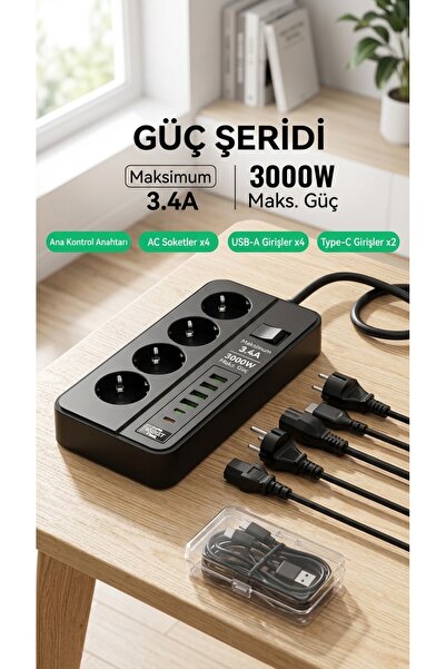 Kılıfsiparis 4 lü Temassız Hızlı Şarj 4 USB' Li 2 TYP-C Girişli Grup Priz Siy...