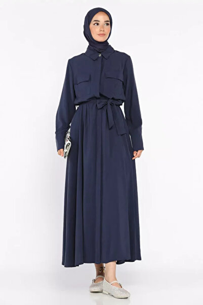 TOZLU Polo Collar Waist Belted Double Pocket Hijab Dress