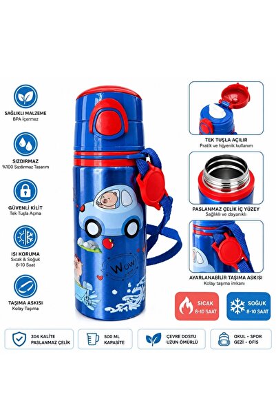 YDNE Çocuk Suluk/ Matara 500 ml Capybara Figürlü Omuz Askılı Metal Suluk Pipetli