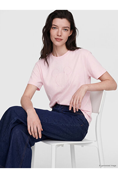 LC Waikiki Lcw Comfort Pink Mickey Mouse Embroidered 100% Cotton Women's T-Shirt