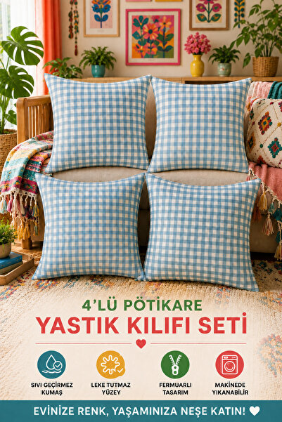 Soft Kare Set of 4 Colorful Gingham Cushion Covers 43X43 cm – Liquid-Proof an...