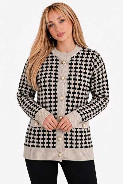 EMR Online Women's Ecru Black Patterned Knitwear Cardigan Crew Neck Buttoned ...