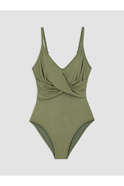 LC Waikiki Peak New Season Green V-Neck Gathered Women's Swimsuit