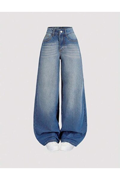 CLARK KYLE Kadın mavi renk baggy 9w_16 yüksek bel %100 koton denim pantolon
