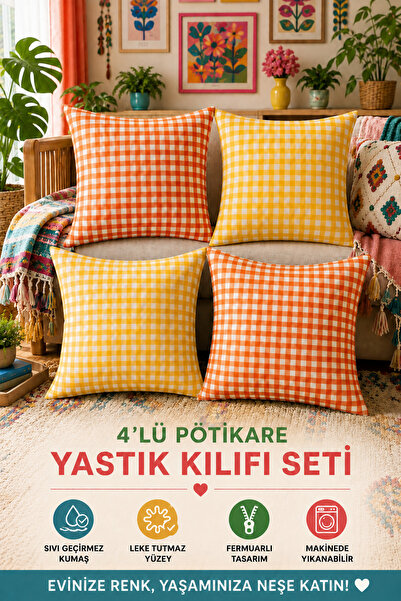 Soft Kare Set of 4 Colorful Gingham Cushion Covers 43X43 cm – Liquid-Proof an...