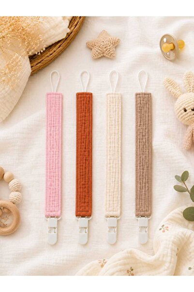 3Baby 4 Adet/ 8 Katlı Müslin, Emzik Tutucu / Emzik Askısı / Plastik Klips / Soft Renkler
