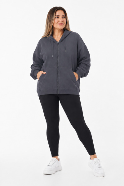BARLİZ Women's Oversize Pocket Zipper Hooded Sweatshirt Cardigan