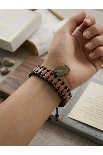 Altın express Handmade Macrame Beaded Men's Women's Bracelet - Black Adjustable Unisex Bracelet with Wooden Diamond Pattern