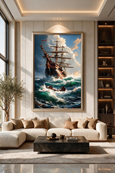 ARTAN GALLERY Kadife Yelkenli Gemi Tablo 40 mm Çerçeveli Yağlı Boya Görünümlü...