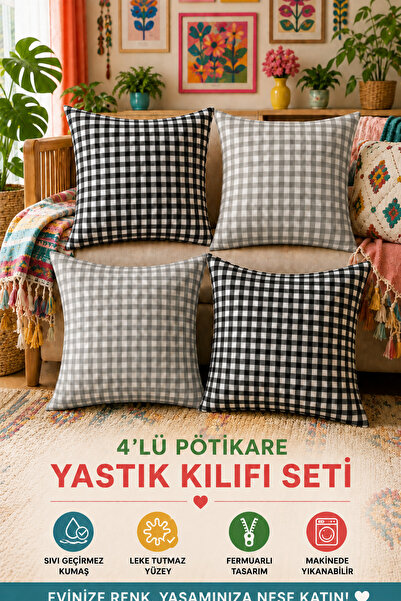 Soft Kare Set of 4 Colorful Gingham Cushion Covers 43X43 cm – Liquid-Proof an...