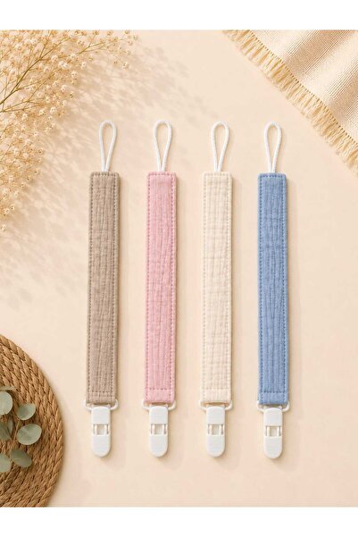 3Baby 4 Adet/ 8 Katlı Müslin, Emzik Askısı /Emzik Tutucu / Plastik Klips / Soft Renk