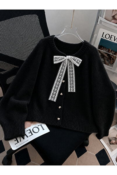 Elysira Women's Bow Lace Soft Heart Button Basic Knitwear Cardigan