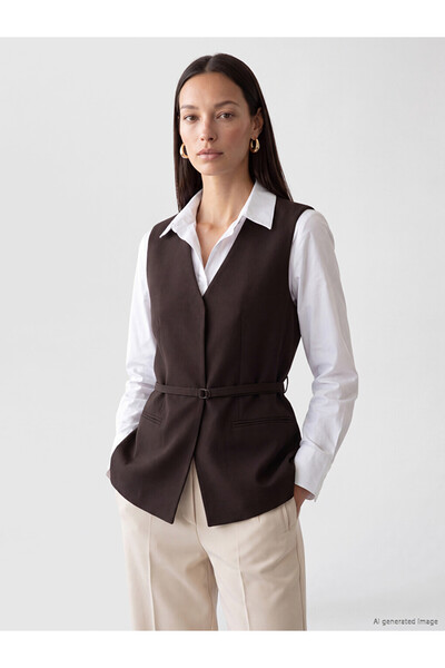 LC Waikiki Vizyon New Season Brown V-Neck Belted Women's Classic Vest