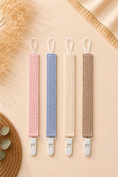 3Baby 4 Adet/ 8 Katlı Müslin, Emzik Askısı /Emzik Tutucu / Plastik Klips / Soft Renk
