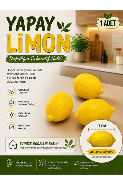 Filkorium3D Dekoratif YAPAY Limon 1 Adet Gerçekçi Görünümlü Mutfak ve Ev Deko...