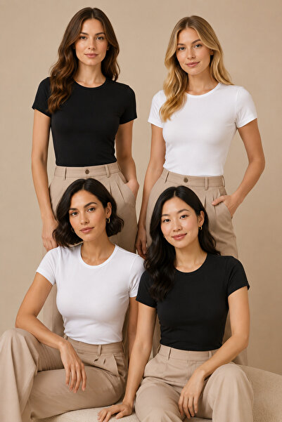 Nymora Women's 4-Pack Crew Neck Short Sleeve Cotton Flexible Basic T-Shirt 2 ...