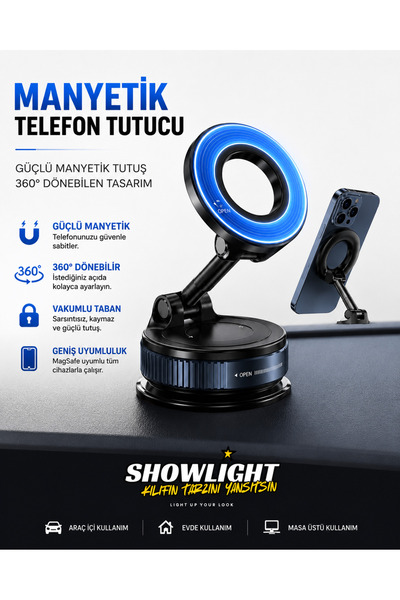 SHOWLIGHT Manyetik Telefon Tutucu 360° Döner Vakumlu Güçlü Mıknatıslı MagSafe...