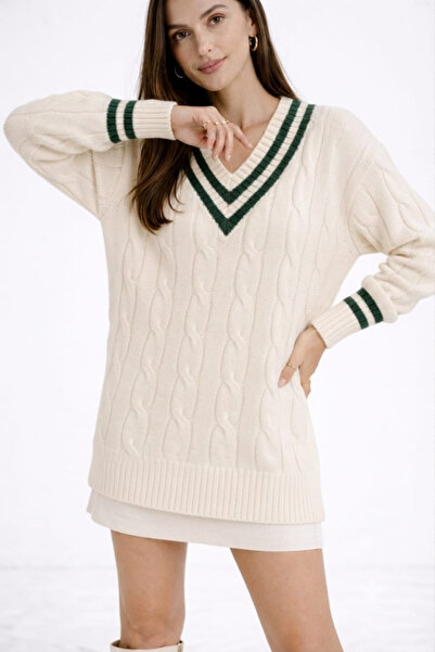EMR Online Women's Ecru Knitted Sweater V-Neck Green Stripe Detailed Hair Bra...