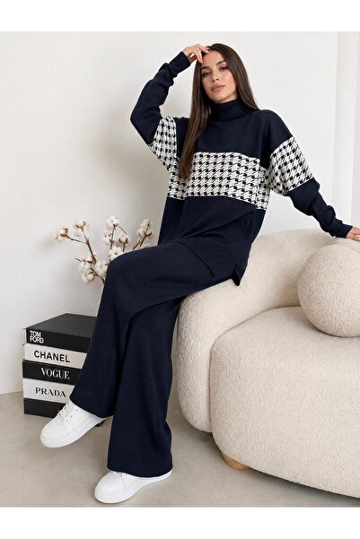 kılıçbey tekstil Women's Mid-Length Houndstooth 2-Piece Knitwear Set Navy Blue