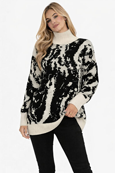 EMR Online Women's Ecru Black Patterned Knitwear Sweater Turtleneck Long Slee...